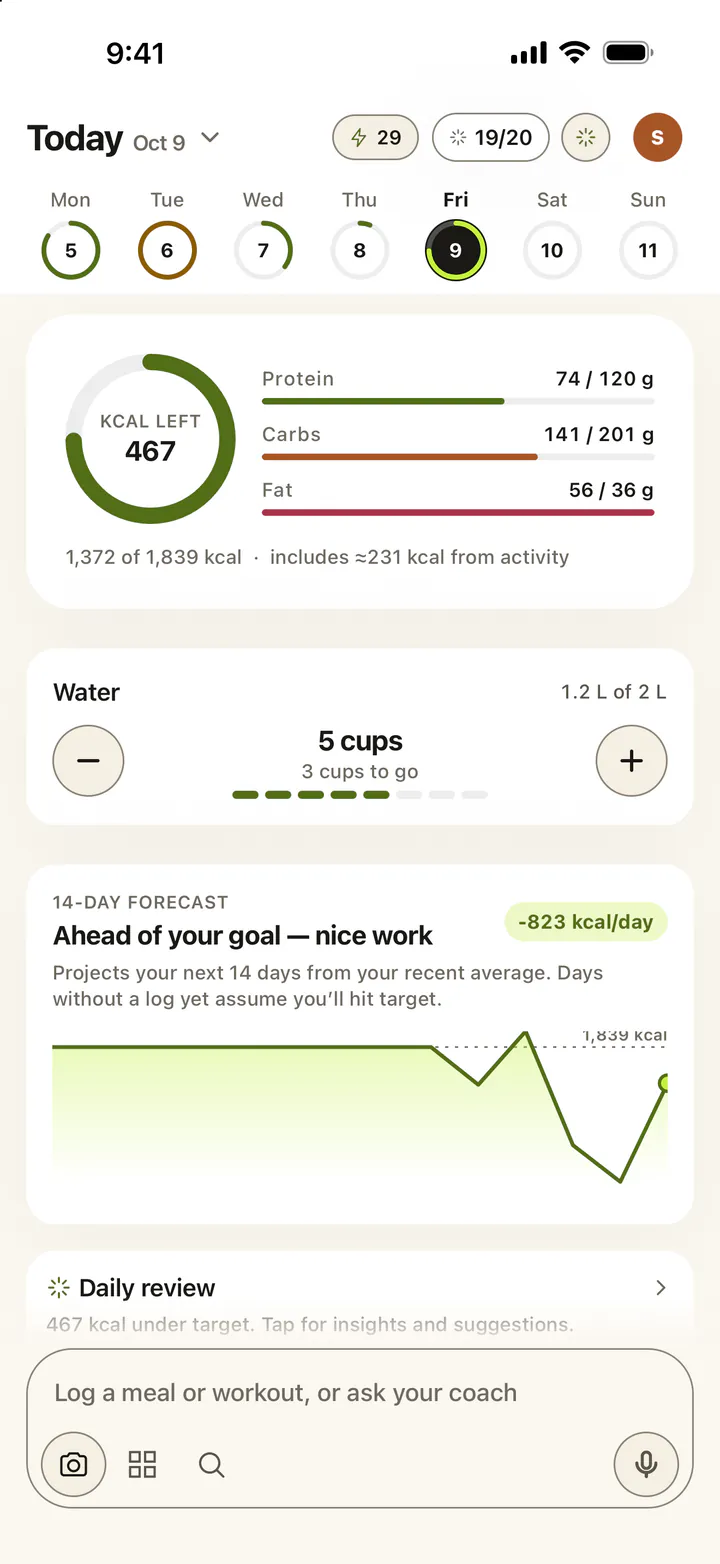 Today screen showing calories left, protein, carbs and fat, water, and today’s log