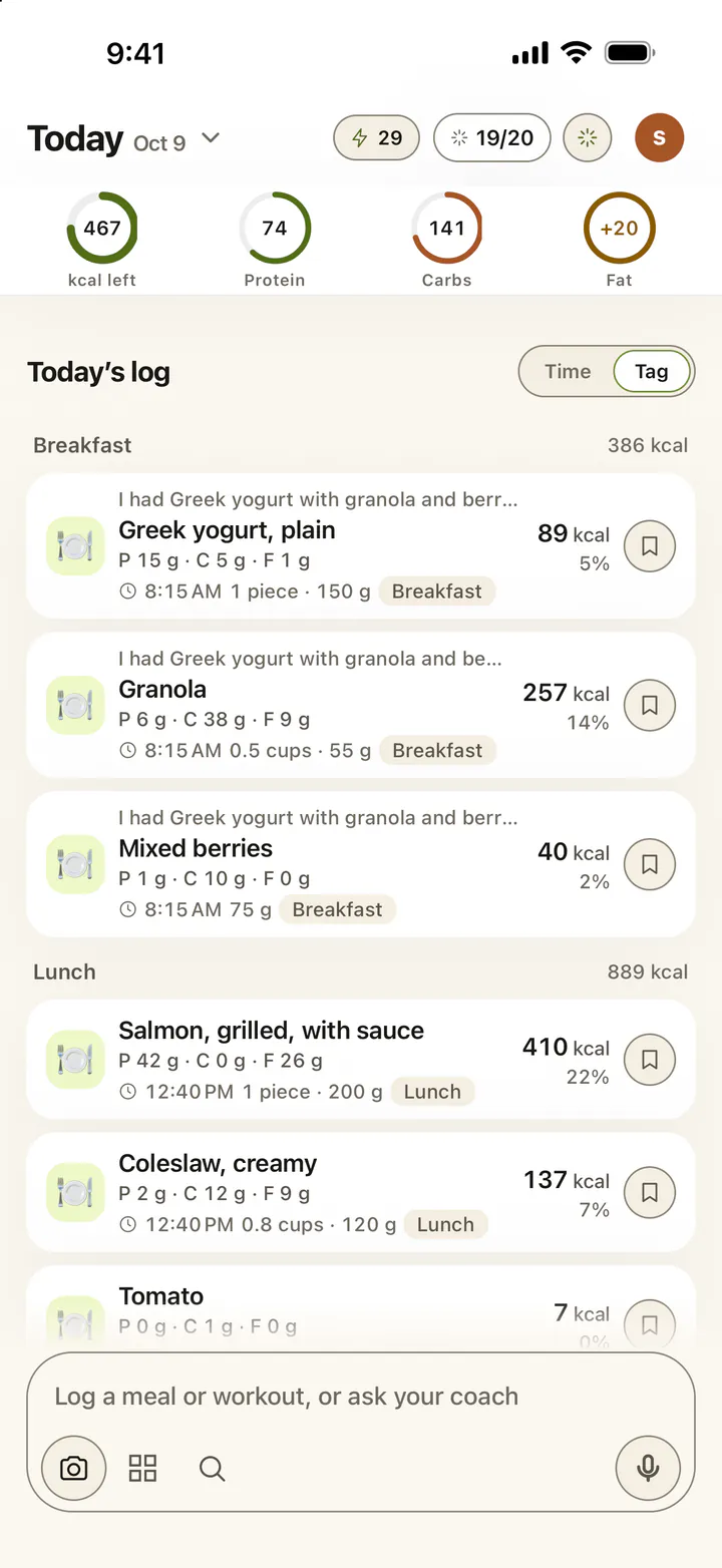 Breakfast typed into the composer and logged as diary entries with calories and macros