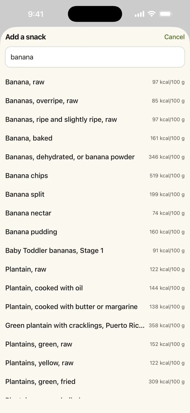 Food search results for banana, with calories per 100 g