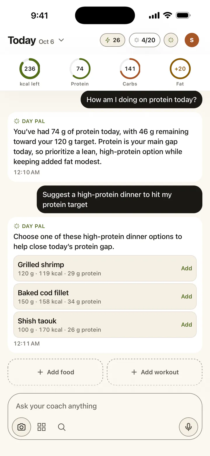 The coach answering a protein question from the diary, with dinner ideas to add