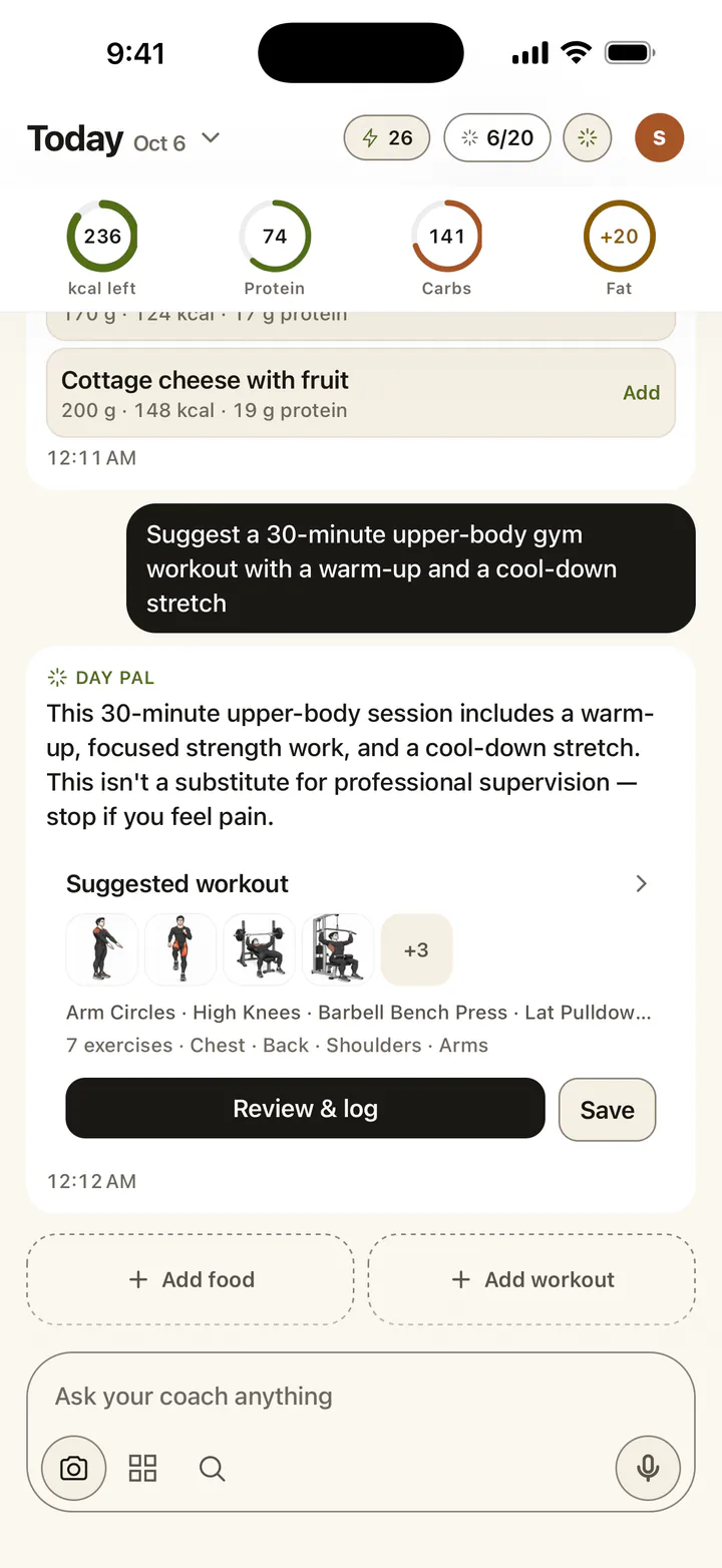 A suggested upper-body workout with exercise demos, reps and timed holds