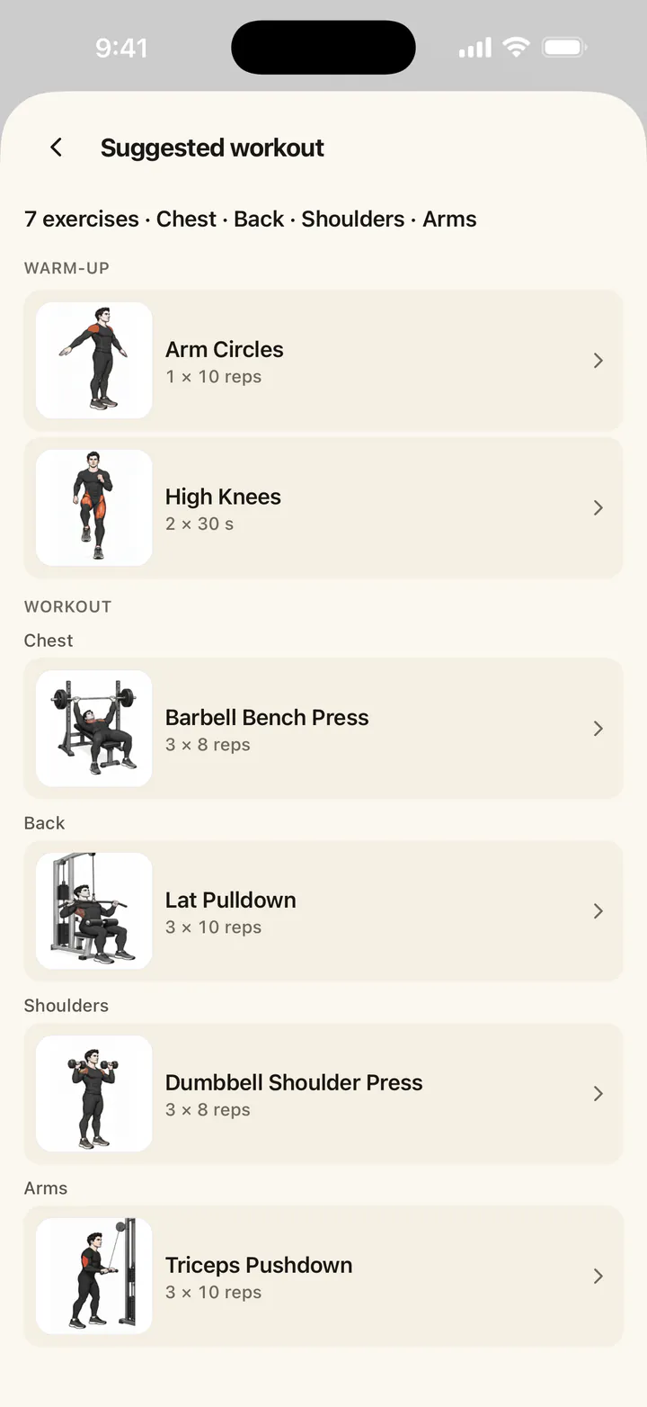 Workout detail with a demo thumbnail for each exercise, rep counts and timed sets