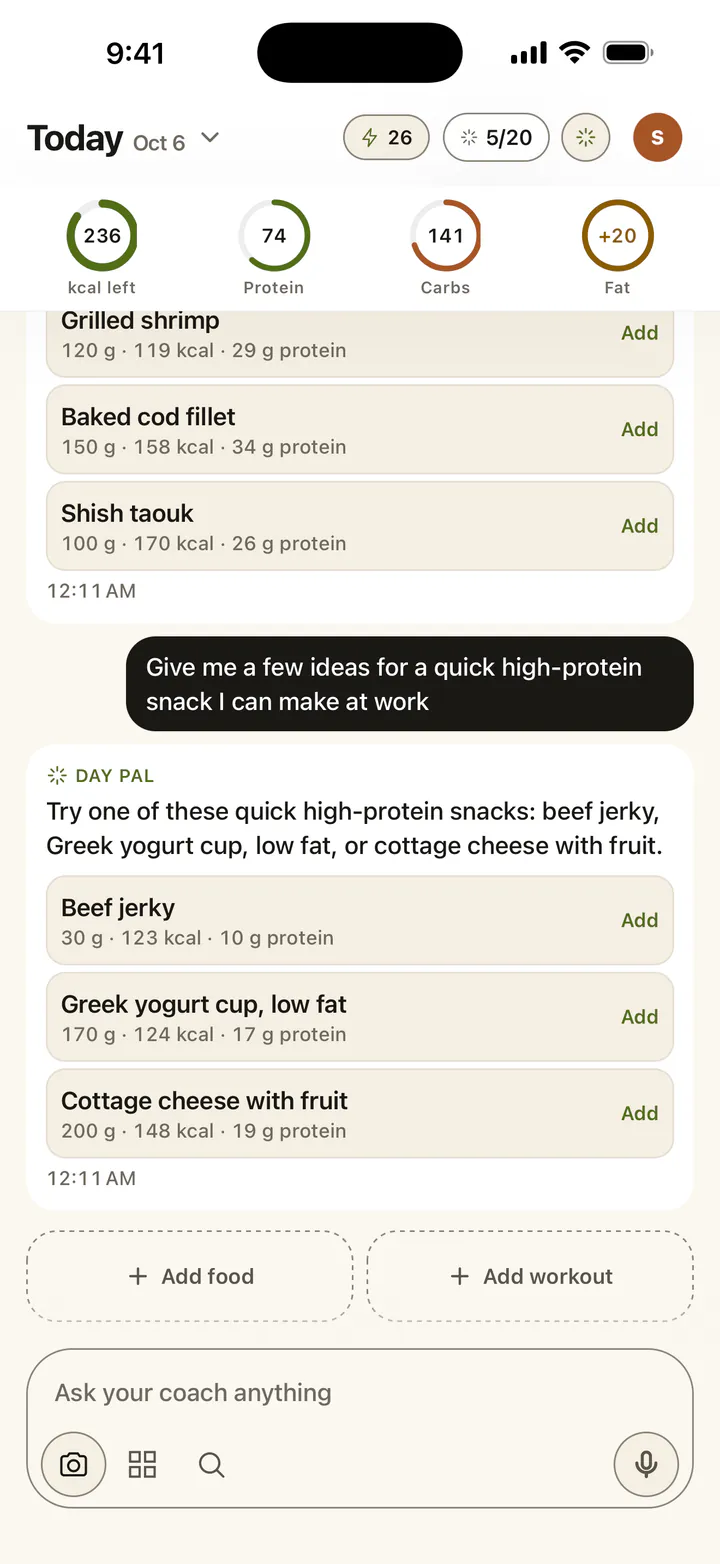 The coach suggesting quick high-protein snacks, each with calories, protein and an Add button