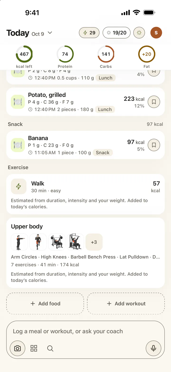Today’s log grouped by tag, with a 30-minute walk and the logged upper-body workout